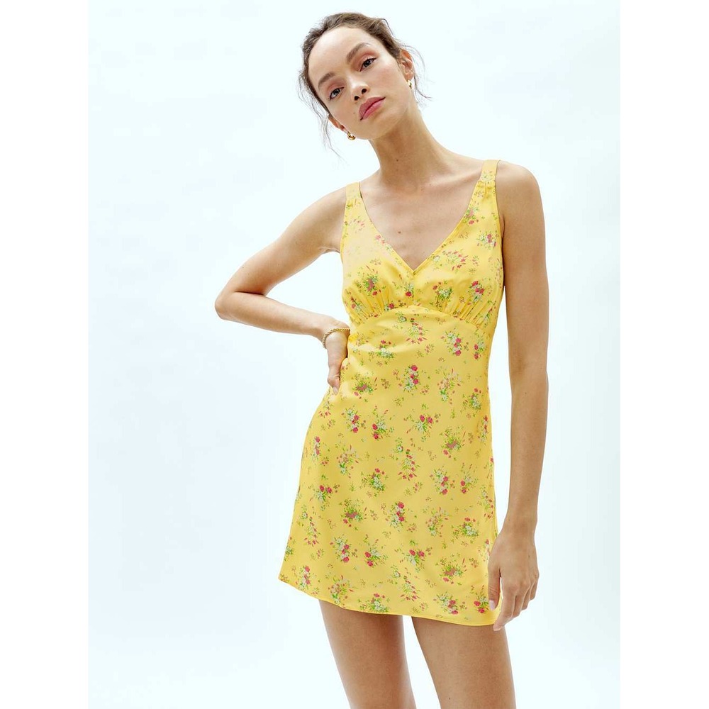 Reformation Ellery Silk Mini Dress Yellow Floral Size Large